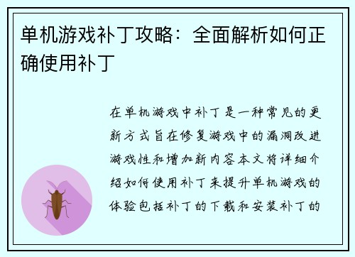 单机游戏补丁攻略：全面解析如何正确使用补丁