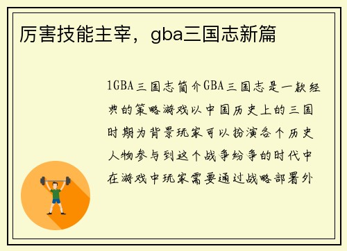 厉害技能主宰，gba三国志新篇